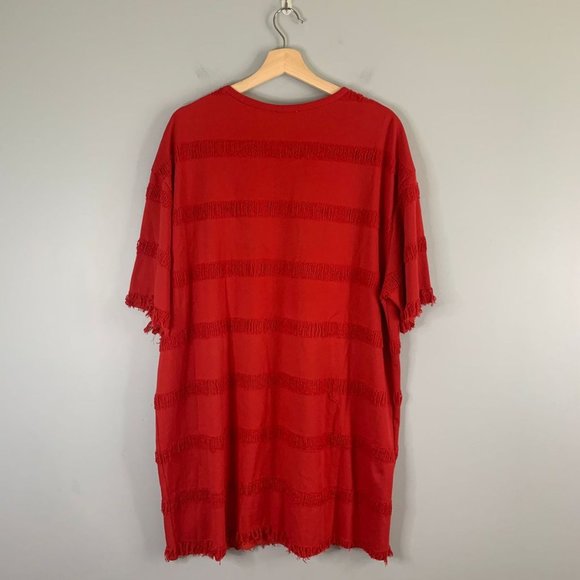 Zara Womens Red Fringe T-Shirt Shift Dress Size Large Cotton Pullover Crew Neck - Picture 3 of 12